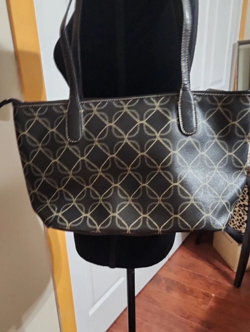 Nine West Black Tote with Cream Geometric Stitching